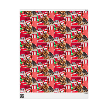 Dog Christmas Wrapping Paper Yorkshire Terrier, Santa Hat Yorkie Gift Wrap, Holiday Gift Wrap Roll