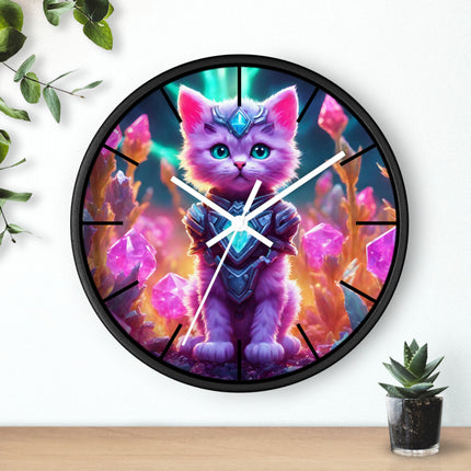 COSMIC CRYSTAL CAT GUARDIAN Wall Clock - Neon Fantasy Cave Decor