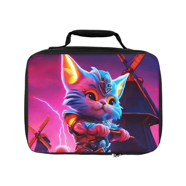 Neon Blue Fur Warrior Cat Lunch Bag Box, Boys and Girls Lightning Pink Sky Feline School Tote, Armored Cosmic Furry Kitten Insulated Bag