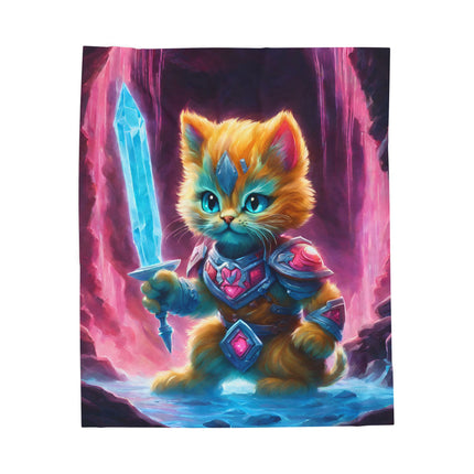 Warrior Cat Blanket, Waterfall Cat Plush Throw Blanket, Neon Sword Seeker, Armored Kitty Bed Cover, Glowing Cave Bedroom Twin Cover