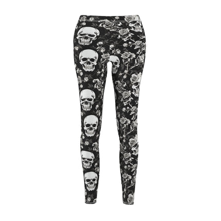 Skull and Flowers Skinny Leggings, Womens Bone Flower Garden Lounge Tights, Flowered Design Skeleton Black and White Pants
