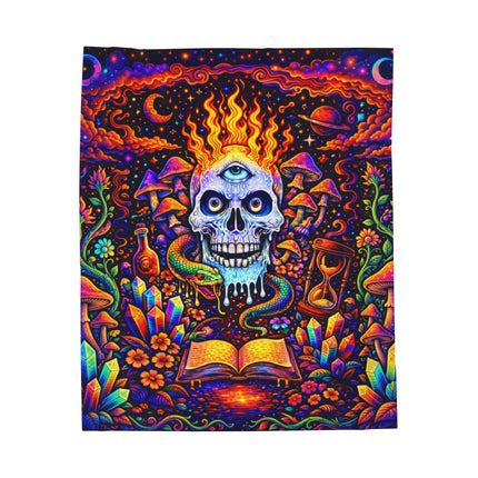 PSYCHEDELIC MIND'S EYE FLAMING BLUE SKULL Trippy Mushroom Blanket