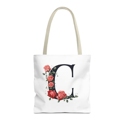 Custom Letter Personalized Tote | Rose Flowered Grocery Travel Bag | Floral Print Roses Office Laptop & Books or Exercise Overnight Carrier