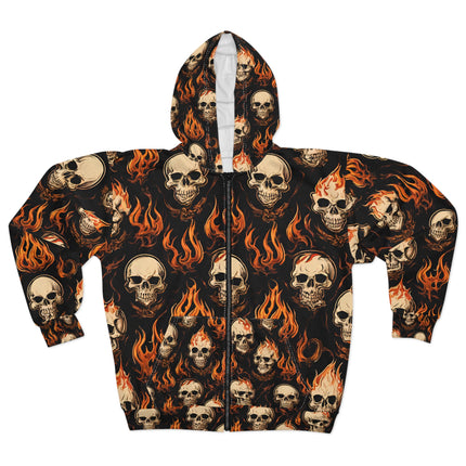 Fire Flames and Skulls Mens or Womens Jacket Hoodie, Hellish Skeletons Biker or Motorcyclist Winter Fleece (AOP)