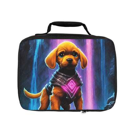 Neon Puppy Warrior Lunch Bag Box, Boys and Girls Glowing Waterfall Cavern School Tote, Armored Cosmic Dog Cave Canine Insulated Bag