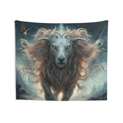 Majestic Myths Wall Art Decor |  Horned Goat Lion Mane Tapestry | Mystical Valley Fantasy Game Room Hanging | Mythological Bed Room Gift