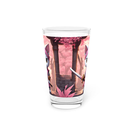 Samurai Warrior Cat Drinking Glass, Sword Blade Kitten Drink Cup, Pink Japanese Maple Tree Pint Glass, 16 oz. Dinnerware