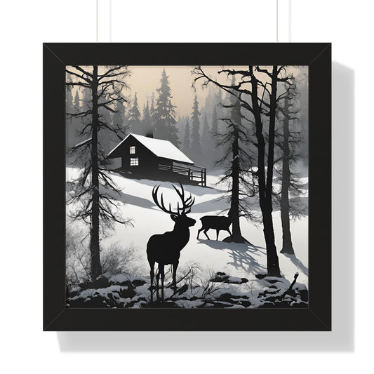 Animal Wall Art, Deer Hunter Picture, Buck Print, Hunting Cabin, Shadow Wall Hanging, Winter Snow Image, Living Room Poster, Framed Art