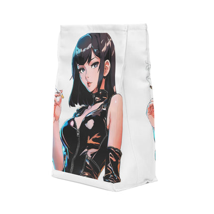Cigarette Smoking Anime Girl Lunch Bag, Black Tight Leather Outfit Sexy Cute Office Work Carrier, Japan Cartoon Secret Agent Style Meal Bag