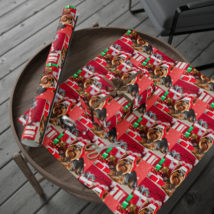Dog Christmas Wrapping Paper Yorkshire Terrier, Santa Hat Yorkie Gift Wrap, Holiday Gift Wrap Roll