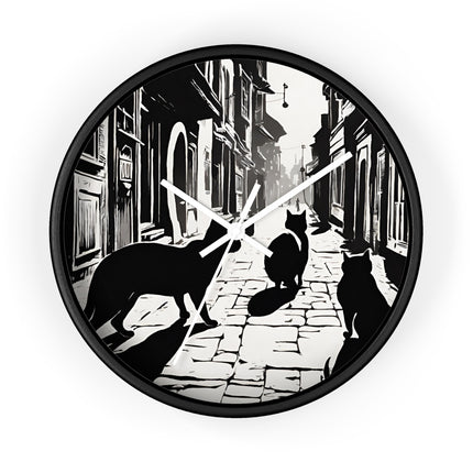 CAT TOWN ALLEYWAY Wall Clock - Vintage Cobblestone Street Cat Decor