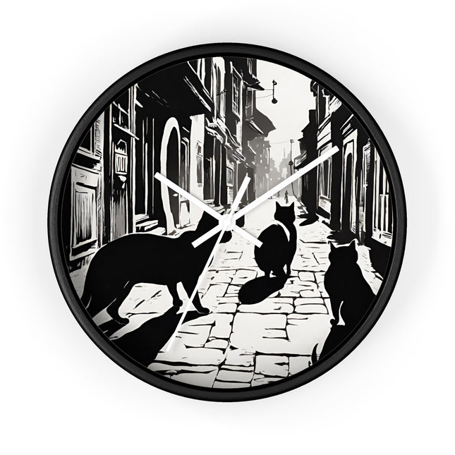 CAT TOWN ALLEYWAY Wall Clock - Vintage Cobblestone Street Cat Decor