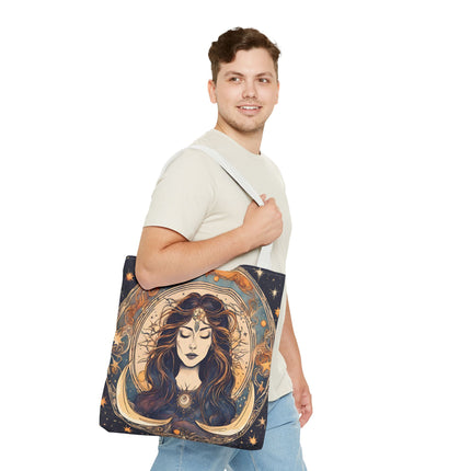 Sun & Moon Goddess Tote | Lunar Stars and Space Astronomy Grocery Bag | Wiccan Dreams Office Laptop Book Carrier | Solar System Travel Gift
