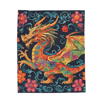 JAPANESE HORNED FLORAL DRAGON  Blanket - Traditional Asian Mythical Beast Plush Throw