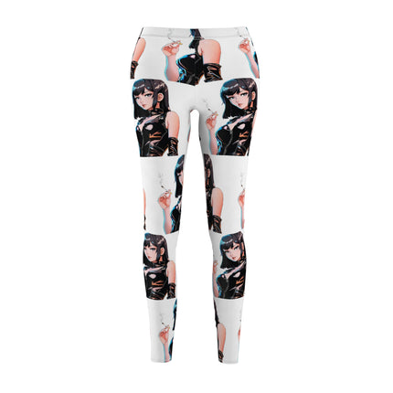 Cigarette Smoking Anime Girl Leggings, Black Tight Leather Outfit Sexy Cute Elastic Pants, Japan Cartoon Secret Agent Style Womens Bottoms