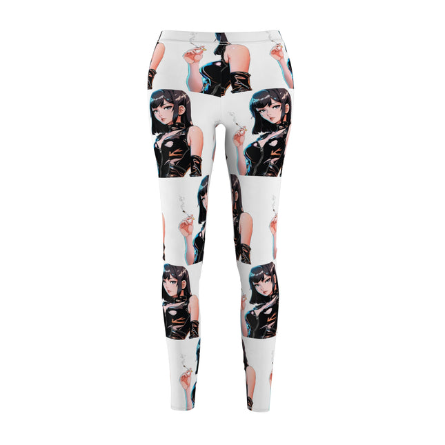 Cigarette Smoking Anime Girl Leggings, Black Tight Leather Outfit Sexy Cute Elastic Pants, Japan Cartoon Secret Agent Style Womens Bottoms