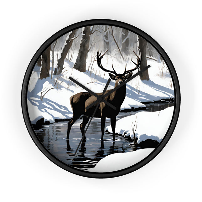Deer Hunter Wall Art Clock | Winter Creek Big Buck Wall Hanging | Snowy Nature Scenic Home Office Hunting Lovers Gift