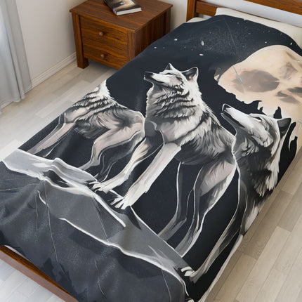 Moon Wolves Blanket | Night Sky Mountain Wolf Pack Bed Throw | Starry Dark Full Lunar Gift | Wooded Wild Dogs Bedroom Light Warm Comforter