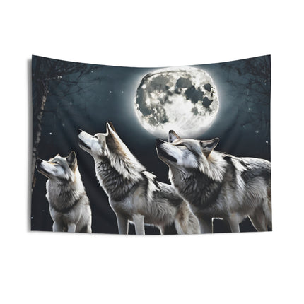 Moon Wolves Wall Decor | Night Sky Mountain Wolf Pack Tapestry | Starry Dark Full Lunar Gift | Wooded Wild Dogs Game & Bedroom Wall Hanging