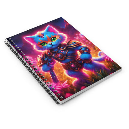 Neon Glowing Warrior Cat Spiral Notebook, Girls Lush Flower School Notepad, Armored Cosmic Space Spiral Journal