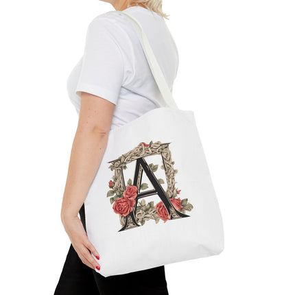 Custom Letter Personalized Tote | Rose Flowered Grocery Travel Bag | Floral Print Roses Office Laptop & Books or Exercise Overnight Carrier