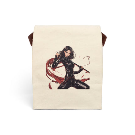 Anime Girl Canvas Lunch Bag, Beautiful Leather Clad Ninja Assassin, Double End Katana Sword Blade, Adult or Teen Work Office & School Gift