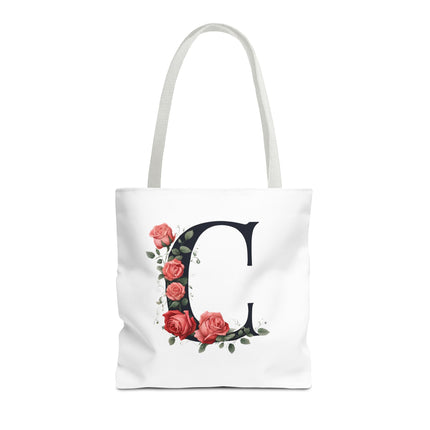 Custom Letter Personalized Tote | Rose Flowered Grocery Travel Bag | Floral Print Roses Office Laptop & Books or Exercise Overnight Carrier