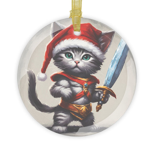 Kitten Christmas Ornament, Holiday Tree Decoration, Adorable Cat Gift, Round Glass Keepsake, KITTEN WARRIOR