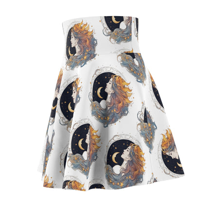 Moon Goddess Skater Skirt | Lunar Stars, Space Astronomy Spring & Summer Wear | Astrology Woman Night Sky Flowing Hair Galaxy Gift