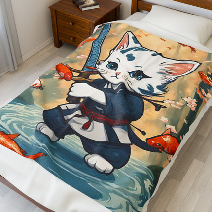 SAMURAI WARRIOR CAT Blanket - Floating Koi Sword Kitten Ninja Feline Couch Throw