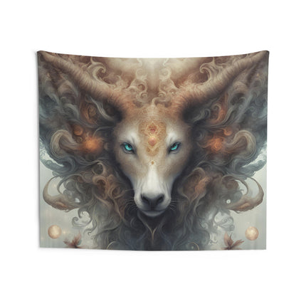 Majestic Myths Wall Art Decor | Blue Eyed Horned Mane Goat Tapestry |  Mystical Fantasy Game Room Hanging | Mythological Bed Room Gift