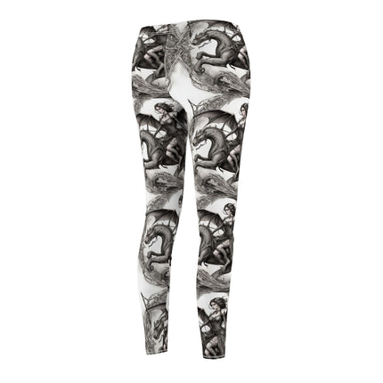 Women's Goth Medieval Dragon Casual Leggings, Shapeshifting Beauty Elastic Bottoms, Tight Black and White Pants