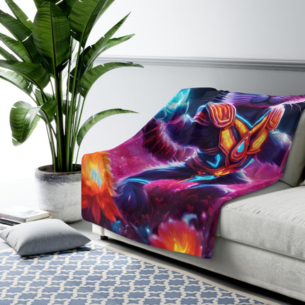 Neon Glowing Warrior Cat Blanket, Lush Flower Field Feline, Armored Kitten with Sword Plush Fleece Couch Sherpa, Kids Night Time Bed Cover