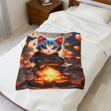 SAMURAI WARRIOR CAT Blanket - Paper Lantern Village Kitten Plush Cover