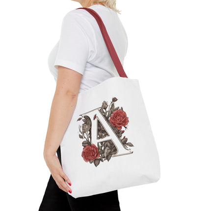 Custom Letter Personalized Tote | Rose Flowered Grocery Travel Bag | Floral Print Roses Office Laptop & Books or Exercise Overnight Carrier