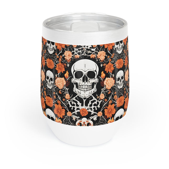 SKULL AND FLOWERS Wine Tumbler - Bone Flower Garden Pattern Wine Cooler