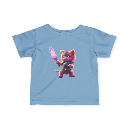 Warrior Cat Infant Gift Shirt, Glowing Sword Orange Kitten Tee, Cute Armor Kitty Short Sleeve Baby Tshirt