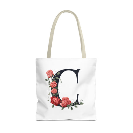 Custom Letter Personalized Tote | Rose Flowered Grocery Travel Bag | Floral Print Roses Office Laptop & Books or Exercise Overnight Carrier