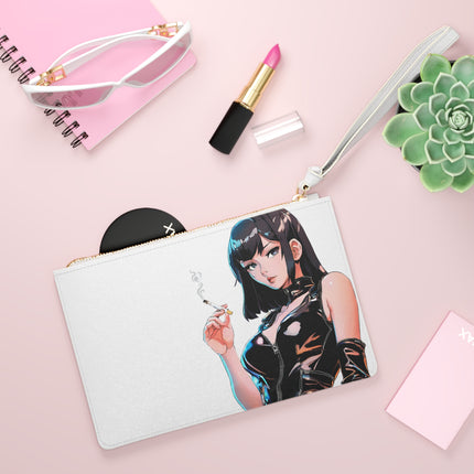 Personalized Clutch Bag, Cigarette Smoking Anime Girl Makeup Case, Sexy Leather Outfit Japanese Style Art Wallet Purse, Cartoon Lover Gift