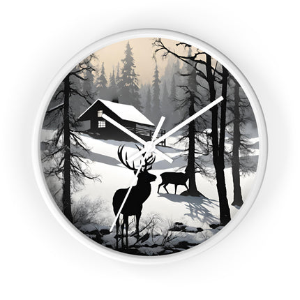 HUNTING CABIN Wall Clock - Winter Deer Scene Rustic Lodge Decor