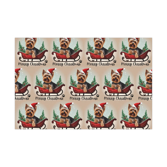 Dog Christmas Wrapping Paper, Yorkshire Terrier Sled Xmas Wrap, Santa Hat Yorkie Gift Wrap, Holiday Gift Wrap Roll