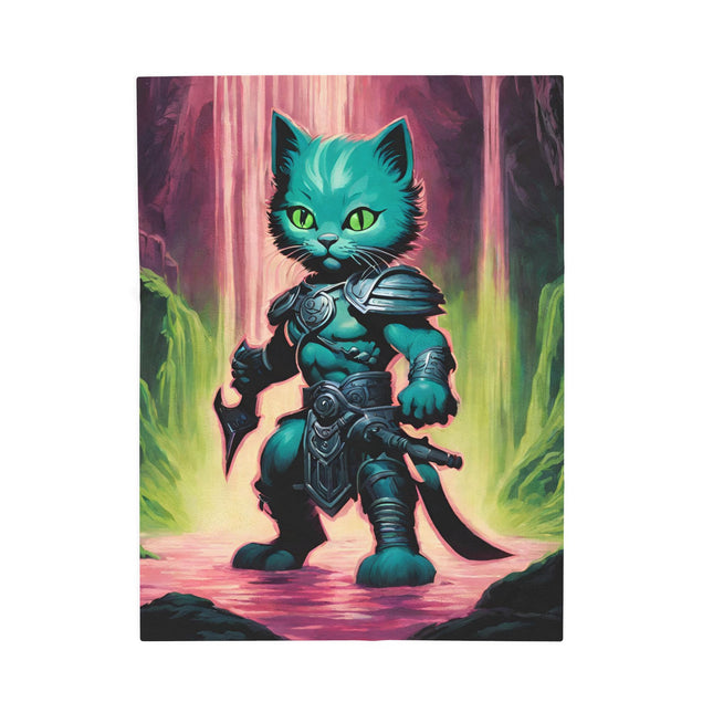 Warrior Blue Shank Cat Blanket, Waterfall Cave Kitten Warm Couch Throw, Glowing Neon Green Bed Cover, Armored Kitten Bedroom Plush Sheet