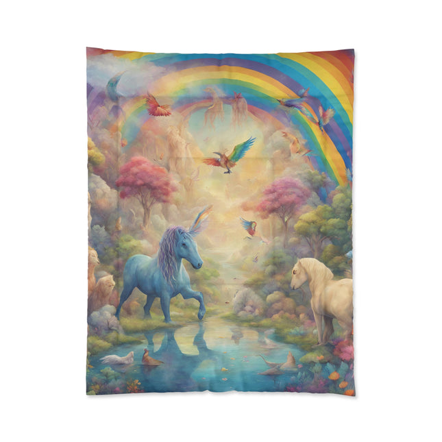 Unicorn Comforter, Girls Rainbow Mystical Magical Pond Bedroom Twin Blanket, Colorful Mystical Fantasy Dreams Child Childrens Bedroom Cover