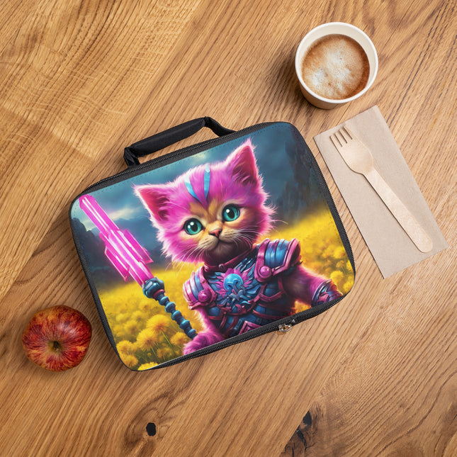 Neon Pink Warrior Cat Lunch Bag Box, Girls Lush Dandelion Flower Field Feline School Tote, Armored Kitten Crystal Glow Staff Insulated Bag