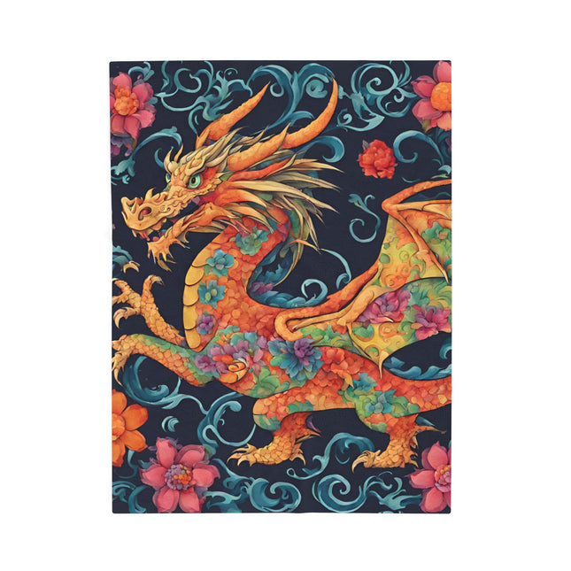 JAPANESE HORNED FLORAL DRAGON  Blanket - Traditional Asian Mythical Beast Plush Throw