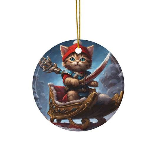 Kitten Christmas Ornament, Holiday Tree Decoration, Adorable Cat Gift, Round Ceramic Keepsake, KITTEN WARRIOR