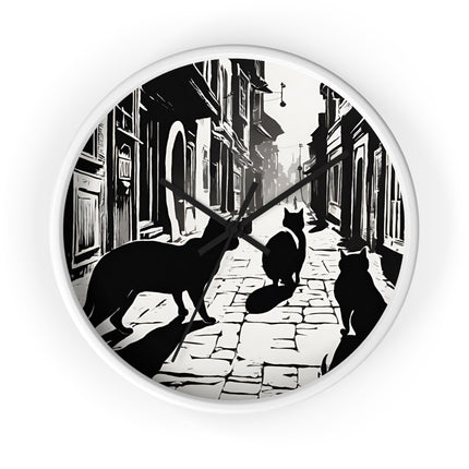 CAT TOWN ALLEYWAY Wall Clock - Vintage Cobblestone Street Cat Decor