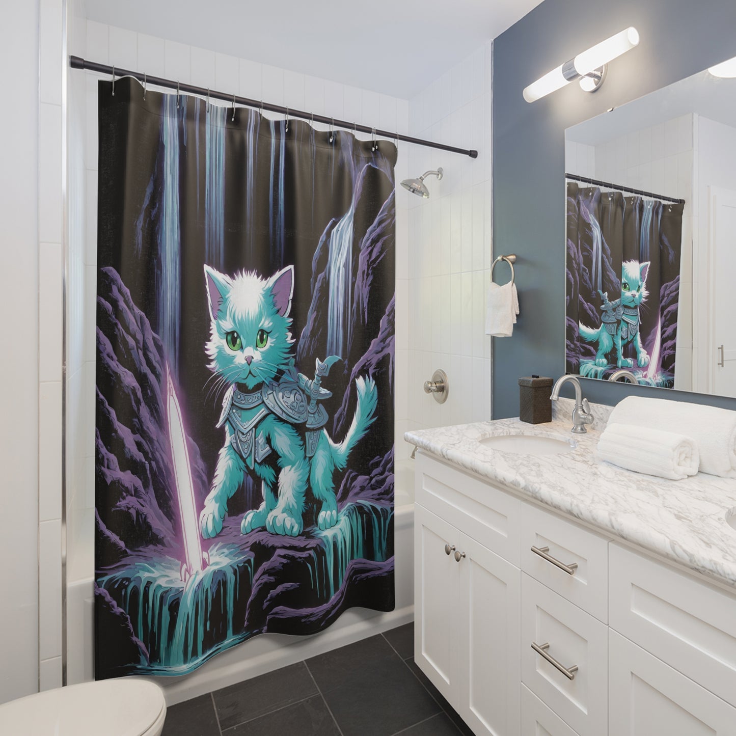 Cat Warrior Shower Curtain, Kitten Cave Explorer, Waterfall Caverns Cat, Mystical Neon Sword