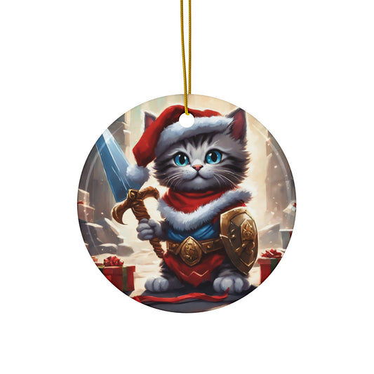 Kitten Christmas Ornament, Holiday Tree Decoration, Adorable Cat Gift, Round Ceramic Keepsake, KITTEN WARRIOR