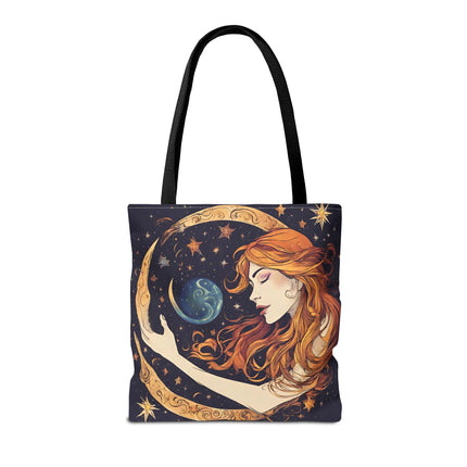 Moon Shaping Goddess Tote | Lunar Stars & Space Astronomy Grocery Bag | Woman Morphing Home Office Laptop Clothing Travel Overnight Gift